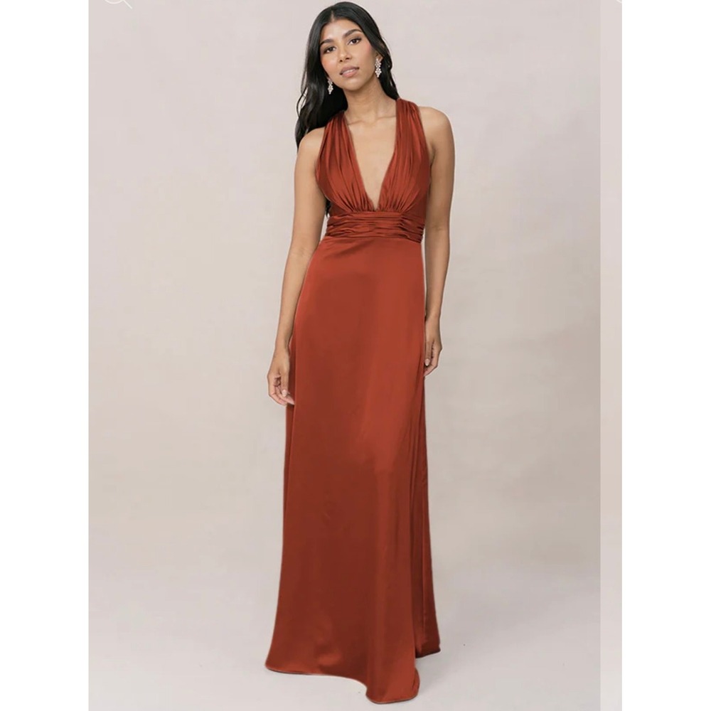 Revelry Dylan Satin Dress Terracotta Rust Orange V-Neck Maxi Gown Size‎ 8
